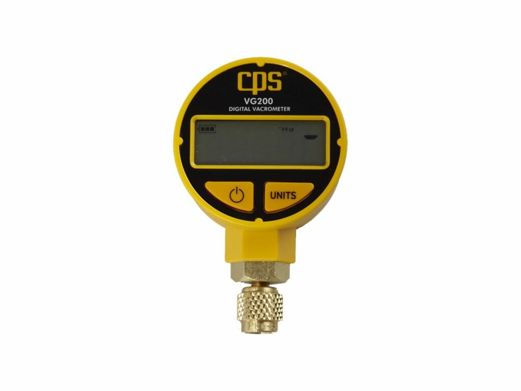 Digital vacuum gauge with 5 digit LCD display reads Microns, Torr, In/Hg or mBar. Calibrated to strict NIST standards for accuracy and reliability