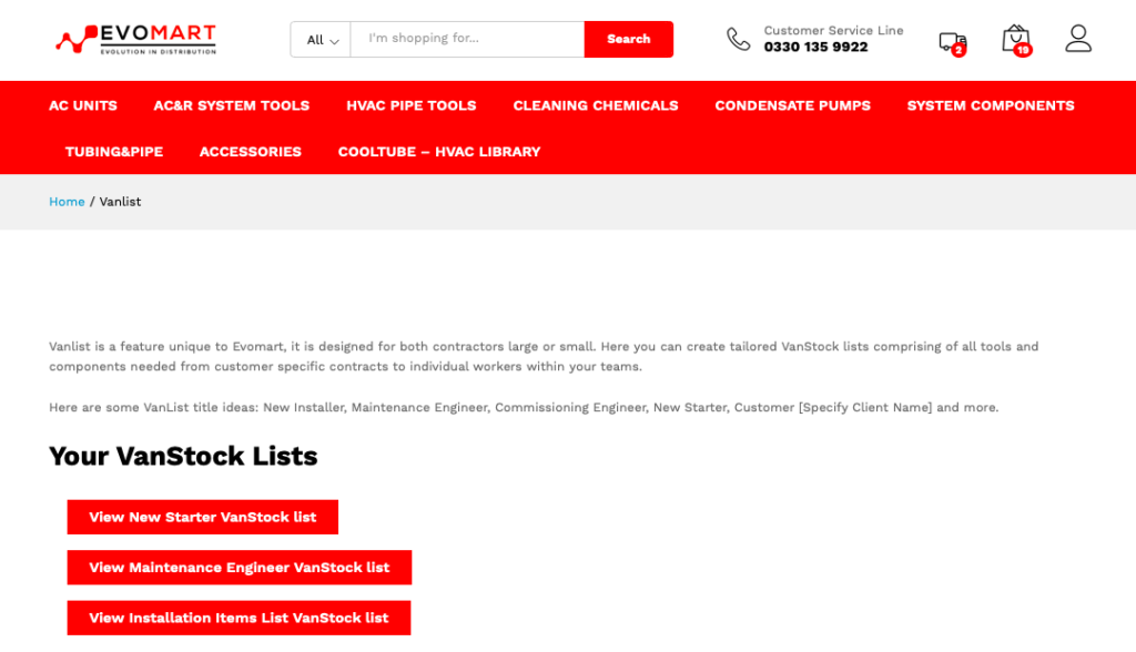 Customisable Van Lists - Evomart