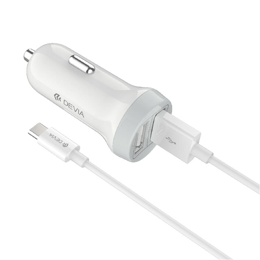 Car Adaptor Dual Port USB-A inc. 1m Type-C Cable White Devia