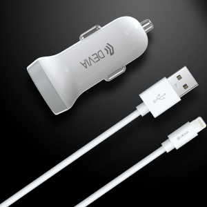 Car Adaptor Dual Port USB-A inc. 1m Lightning Cable White Devia