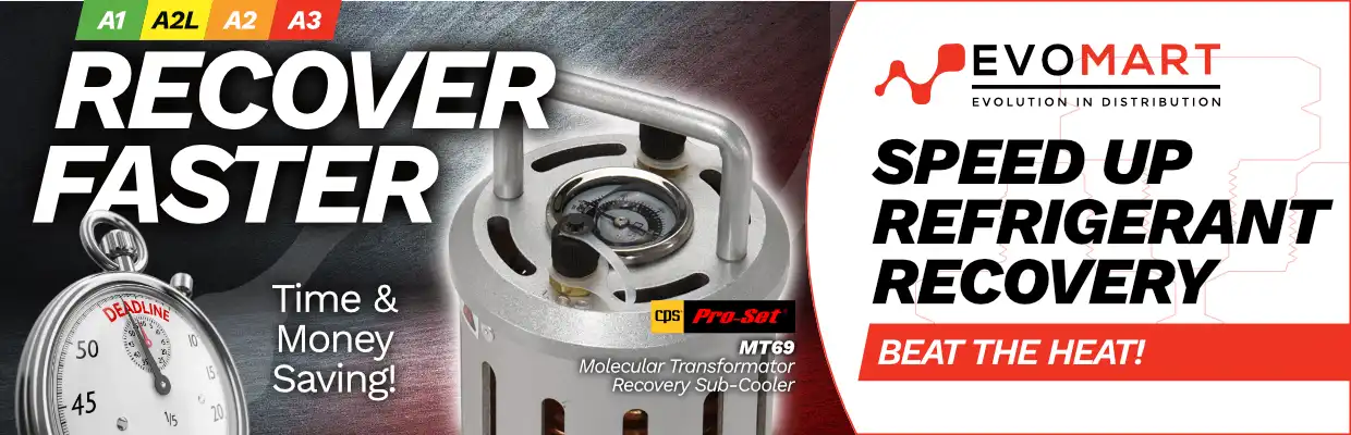 Image of the CPS Pro-Set MT69 Molecular Transformator Sub-cooler, with captions: Recover Faster. Time and Money saving. Speed up refrigerant recovery. Beat the heat.