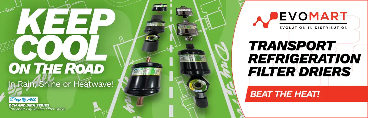 Illustration of DryAll DCH and DMH transport refrigeration liquid line filter driers moving along a road, with captions: Keep cool on the road. In rain, shine or heatwave. Transport Refrigeration Filter Driers. Beat the heat.