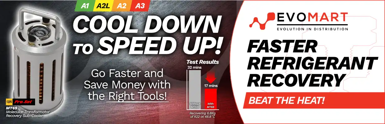 Image of the CPS Pro-Set MT69 Molecular Transformator Recovery Sub-Cooler, with captions: Cool down to speed up! Go faster and save money with the right tools! Faster refrigerant recovery. Beat the heat!