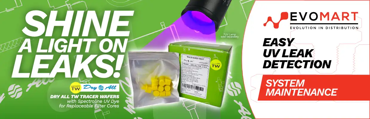 Image of Dry All TW Tracer Wafers with Spectroline UV Dye for Replaceable Filter Cores, with captions: Sine a light on leaks! Easy UV leak detection. System maintenance. *UV Lamp sold separately.