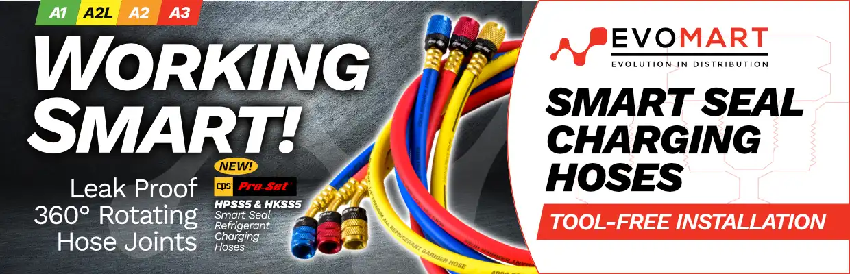 Image of CPS Pro-Set Smart Seal Charging Hose with captions: Working Smart! HPSS5 and HKSS5 Smart Seal Refrigerant Charging Hoses. Leak proof 360 degree rotating hose joints. Smart Seal Charging Hoses. Tool-Free Installation.