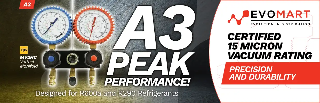 Image of the MV2HC Vortech 2-Valve Manifold from CPS, with captions: A3 Peak Performance. Designed for R600a and R290 refrigerants. Certified 15 Micron Vacuum Rating. Precision and durability.