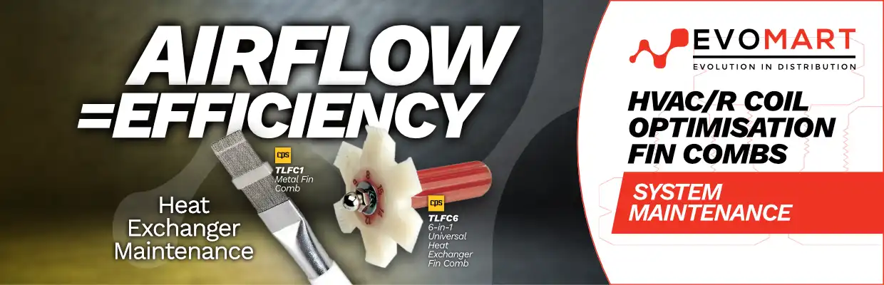 Image of the TLFC1 Metal Fin Comb and TLFC6 6-in-1 universal heat exchanger find comb, from CPS, with captions: Airflow equals efficiency. Heat exchanger maintenance. HVAC/R Coil Optimisation Fin Combs. System Maintenance.