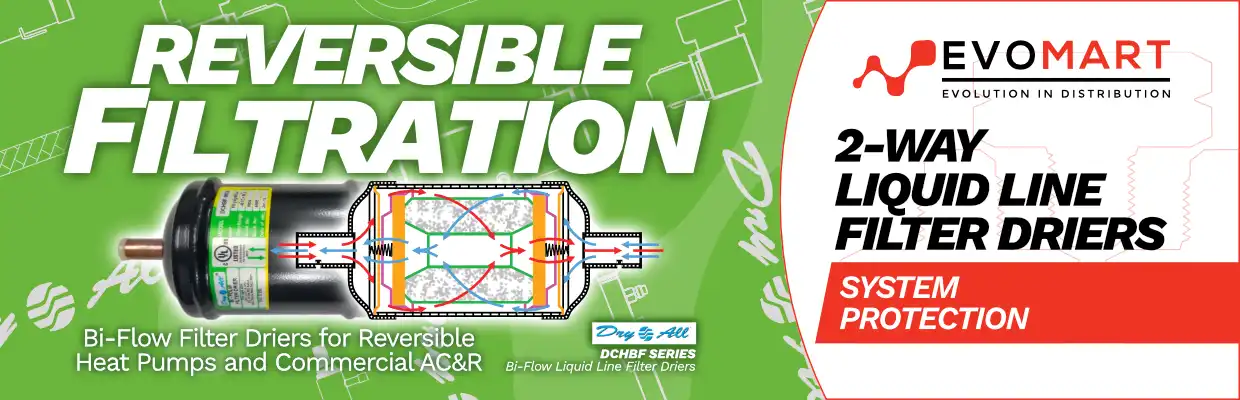 Image of a Dry All DCHBF series liquid line filter drier with schematic diagram showing the bi-flow action, with captions: Reversible Filtration. Bi-flow filter driers for reversible heat pumps and commercial AC&R. 2-way liquid line filter driers. System Protection.
