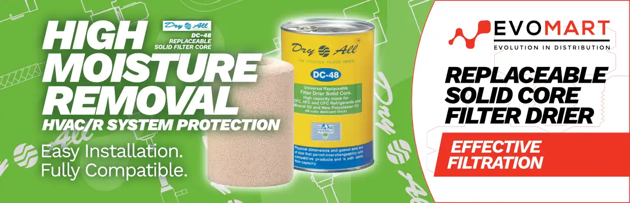 Image of the Dry All DC-48 Replaceable Solid Filter Core, with captions: High Moisture Removal. HVAC/R System Protection. Easy installation. Fully compatible. Replaceable solid core filter drier. Effective filtration.